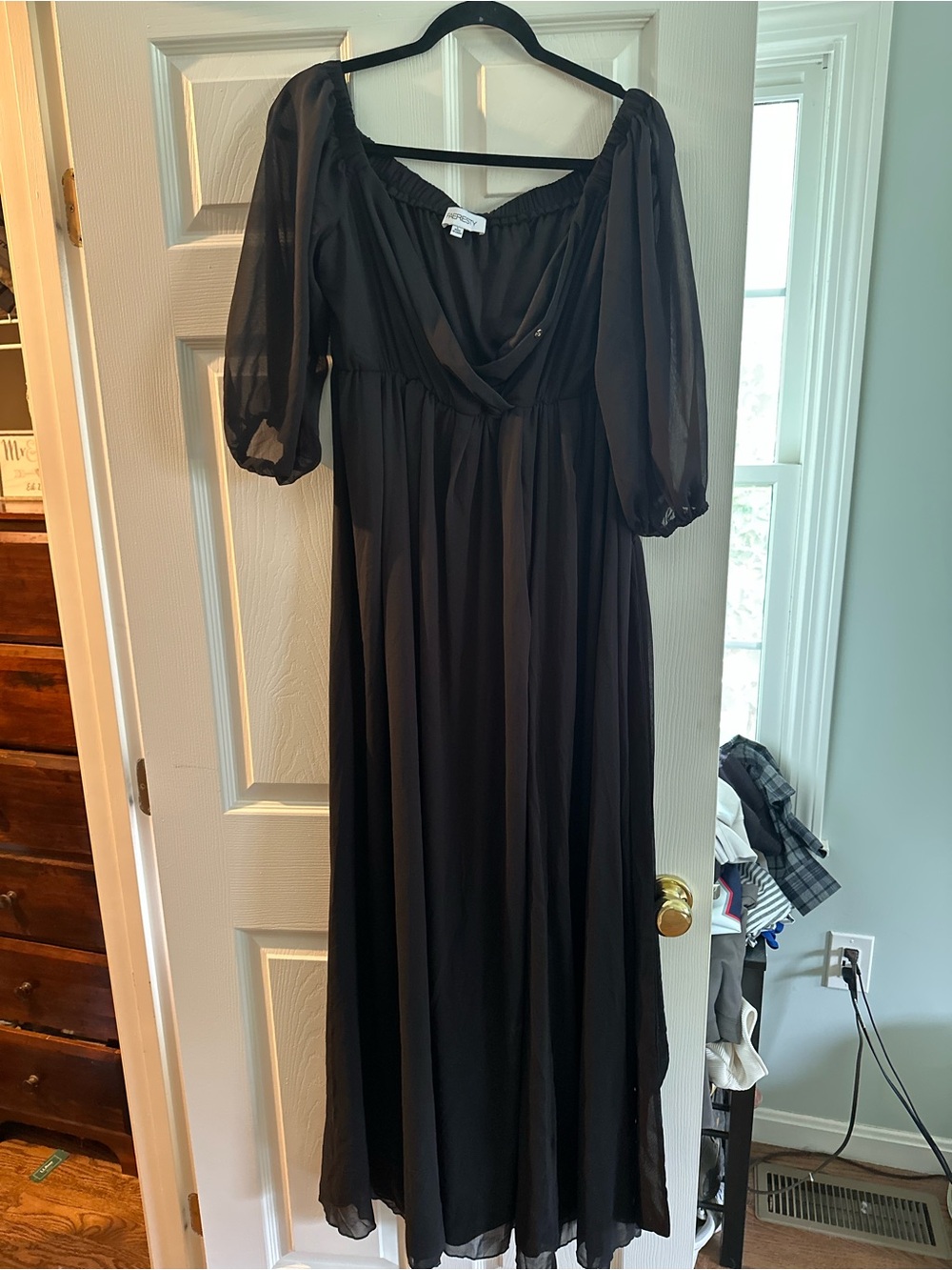 SHEIN Black Sheer Maxi Dress with Puff Sleeves